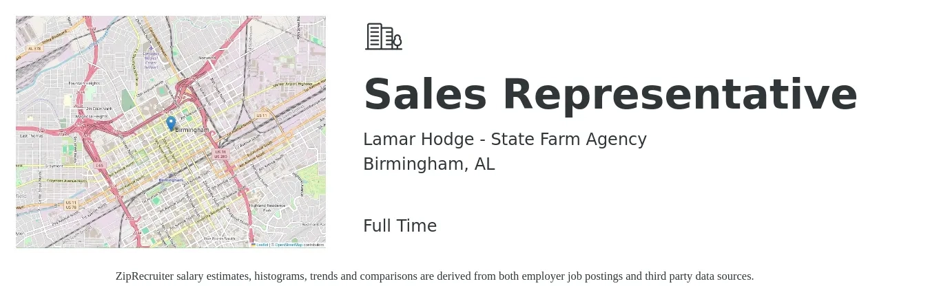 Lamar Hodge - State Farm Agency job posting for a Sales Representative in Birmingham, AL with a salary of $50,100 to $87,200 Yearly with a map of Birmingham location.