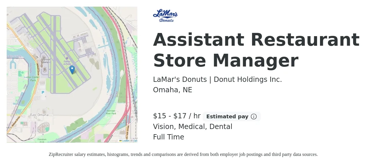 LaMar's Donuts | Donut Holdings Inc. job posting for a Assistant Restaurant Store Manager in Omaha, NE with a salary of $16 to $18 Hourly and benefits including dental, life_insurance, medical, pto, retirement, and vision with a map of Omaha location.
