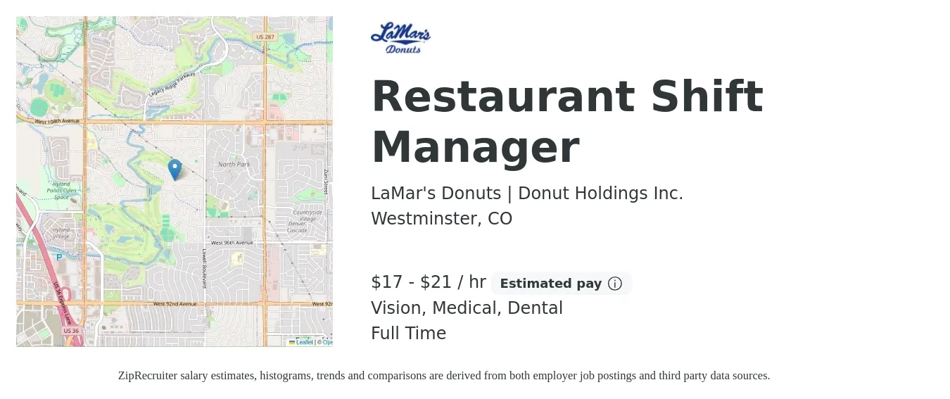 LaMar's Donuts | Donut Holdings Inc. job posting for a Restaurant Shift Manager in Westminster, CO with a salary of $18 to $22 Hourly and benefits including vision, dental, life_insurance, medical, and retirement with a map of Westminster location.