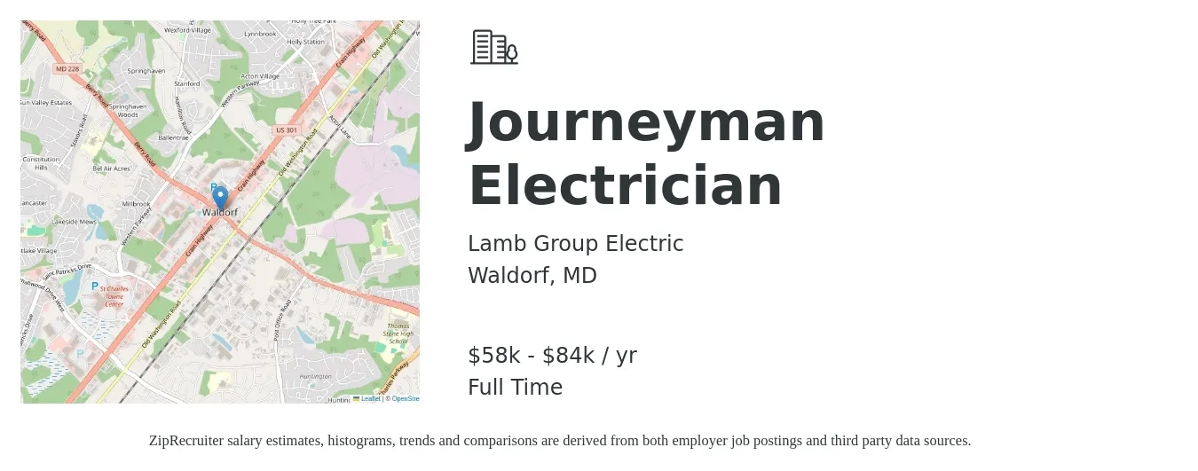 Lamb Group Electric job posting for a Journeyman Electrician in Waldorf, MD with a salary of $58,000 to $84,000 Yearly with a map of Waldorf location.