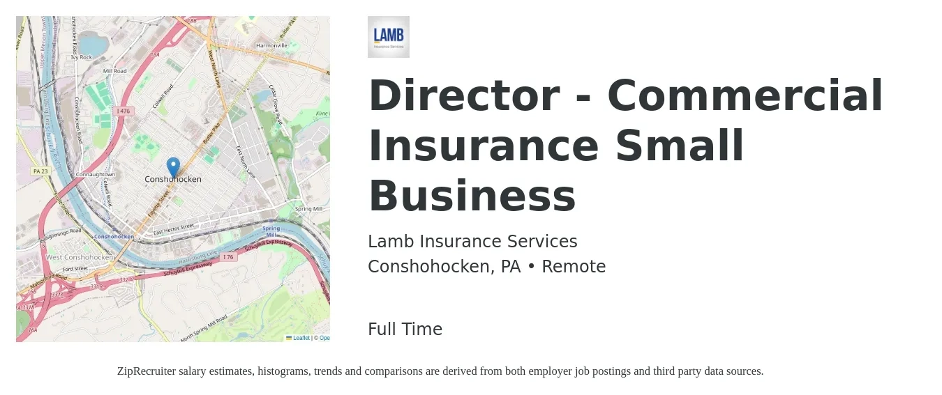 Lamb Insurance Services job posting for a Director - Commercial Insurance Small Business in Conshohocken, PA with a salary of $54,600 to $79,200 Yearly with a map of Conshohocken location.