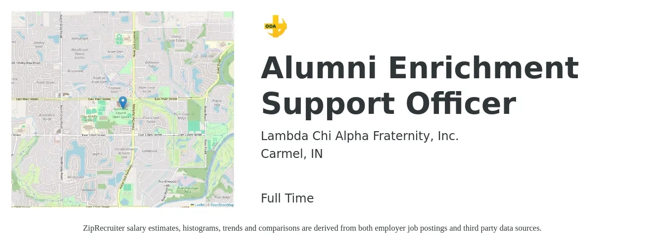 Lambda Chi Alpha Fraternity, Inc. job posting for a Alumni Enrichment Support Officer in Carmel, IN with a map of Carmel location.