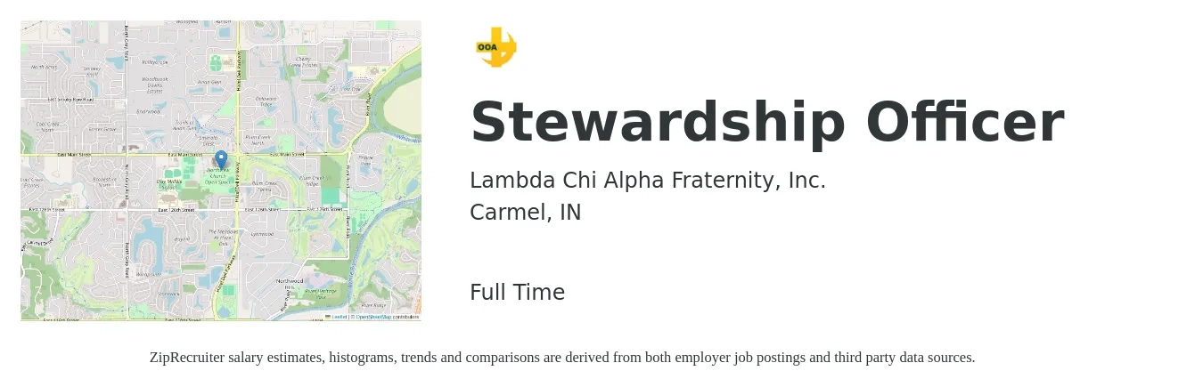 Lambda Chi Alpha Fraternity, Inc. job posting for a Stewardship Officer in Carmel, IN with a salary of $68,200 to $88,600 Yearly with a map of Carmel location.