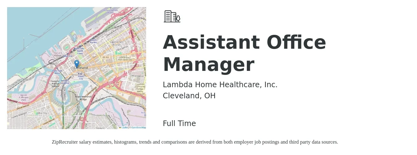 Lambda Home Healthcare, Inc. job posting for a Assistant Office Manager in Cleveland, OH with a salary of $15 to $19 Hourly with a map of Cleveland location.
