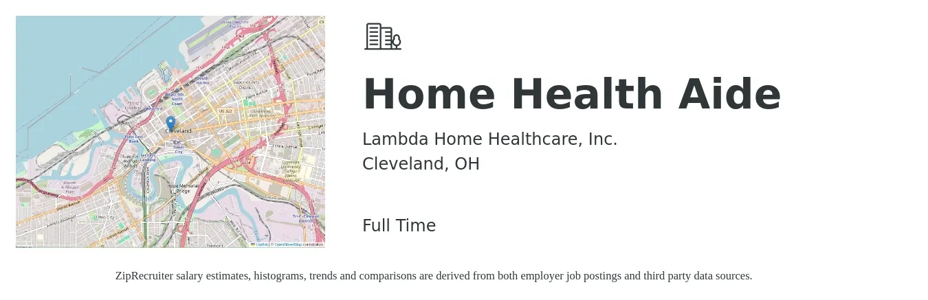 Lambda Home Healthcare, Inc. job posting for a Home Health Aide in Cleveland, OH with a salary of $11 to $14 Hourly with a map of Cleveland location.