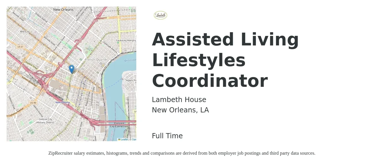 Lambeth House job posting for a Assisted Living Lifestyles Coordinator in New Orleans, LA with a salary of $15 to $20 Hourly with a map of New Orleans location.