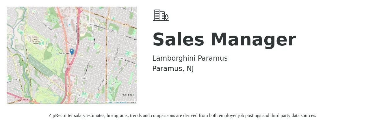 Lamborghini Paramus job posting for a Sales Manager in Paramus, NJ with a salary of $45,500 to $97,600 Yearly with a map of Paramus location.