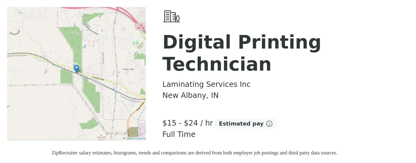 Laminating Services Inc job posting for a Digital Printing Technician in New Albany, IN with a salary of $16 to $25 Hourly with a map of New Albany location.