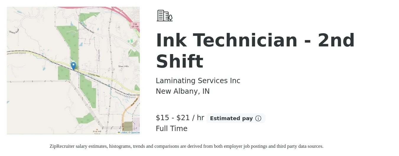 Laminating Services Inc job posting for a Ink Technician - 2nd Shift in New Albany, IN with a salary of $16 to $22 Hourly with a map of New Albany location.