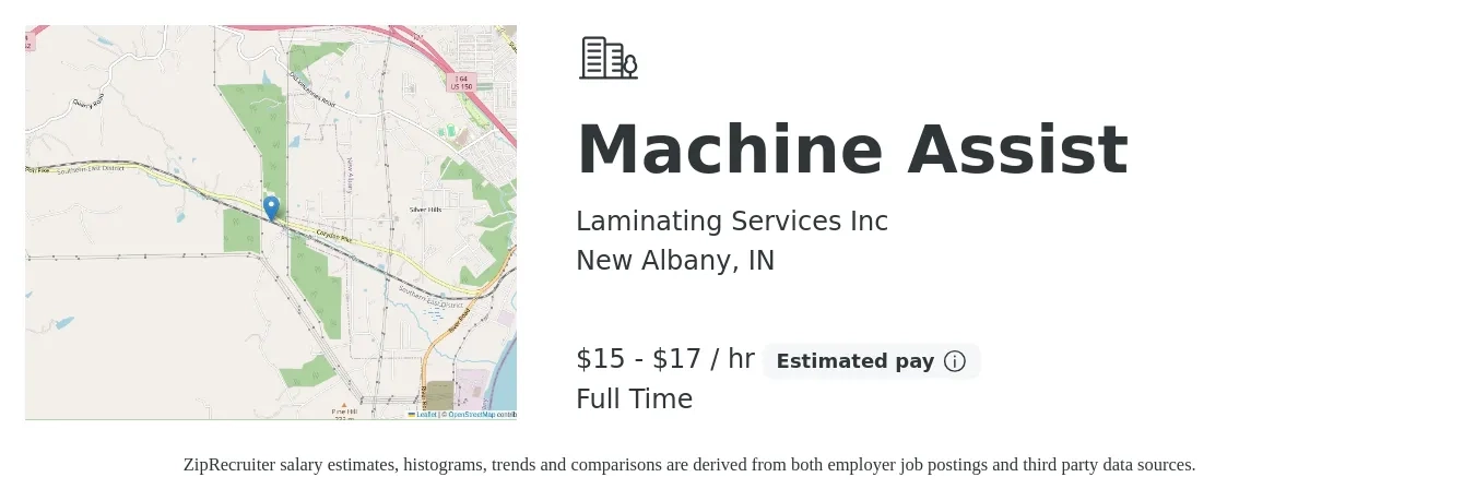Laminating Services Inc job posting for a Machine Assist in New Albany, IN with a salary of $16 to $18 Hourly with a map of New Albany location.