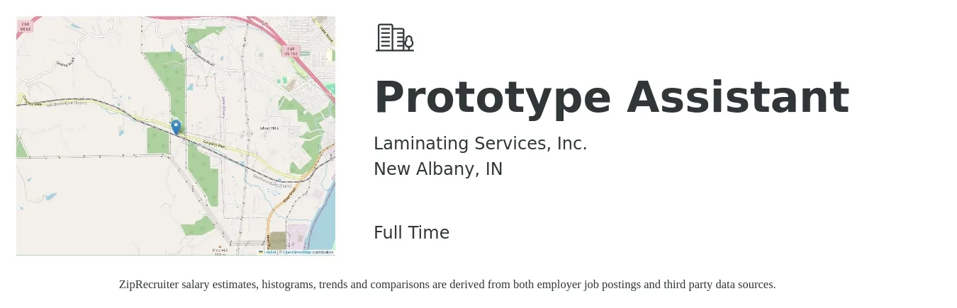 Laminating Services Inc job posting for a Prototype Assistant in New Albany, IN with a salary of $17 to $23 Hourly with a map of New Albany location.