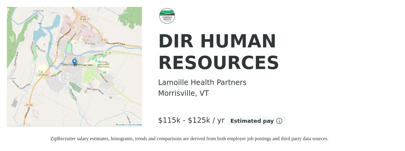 Lamoille Health Partners job posting for a DIR HUMAN RESOURCES in Morrisville, VT with a salary of $115,000 to $125,000 Yearly with a map of Morrisville location.