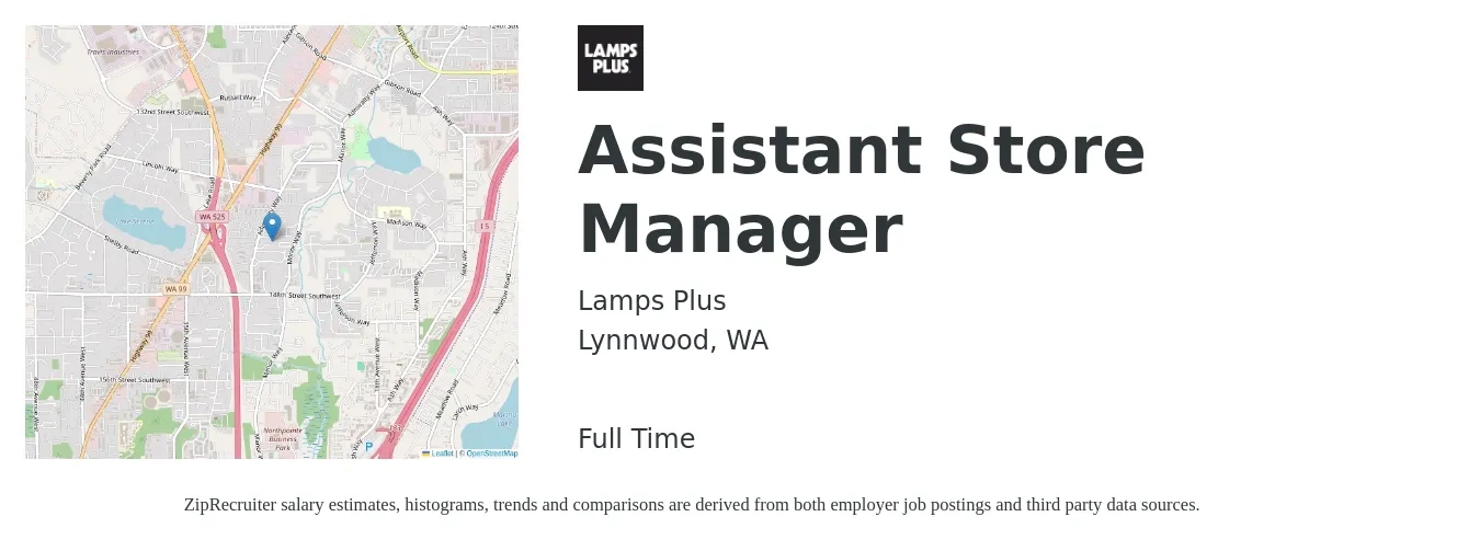 Lamps Plus job posting for a Assistant Store Manager in Lynnwood, WA with a salary of $25 Hourly with a map of Lynnwood location.