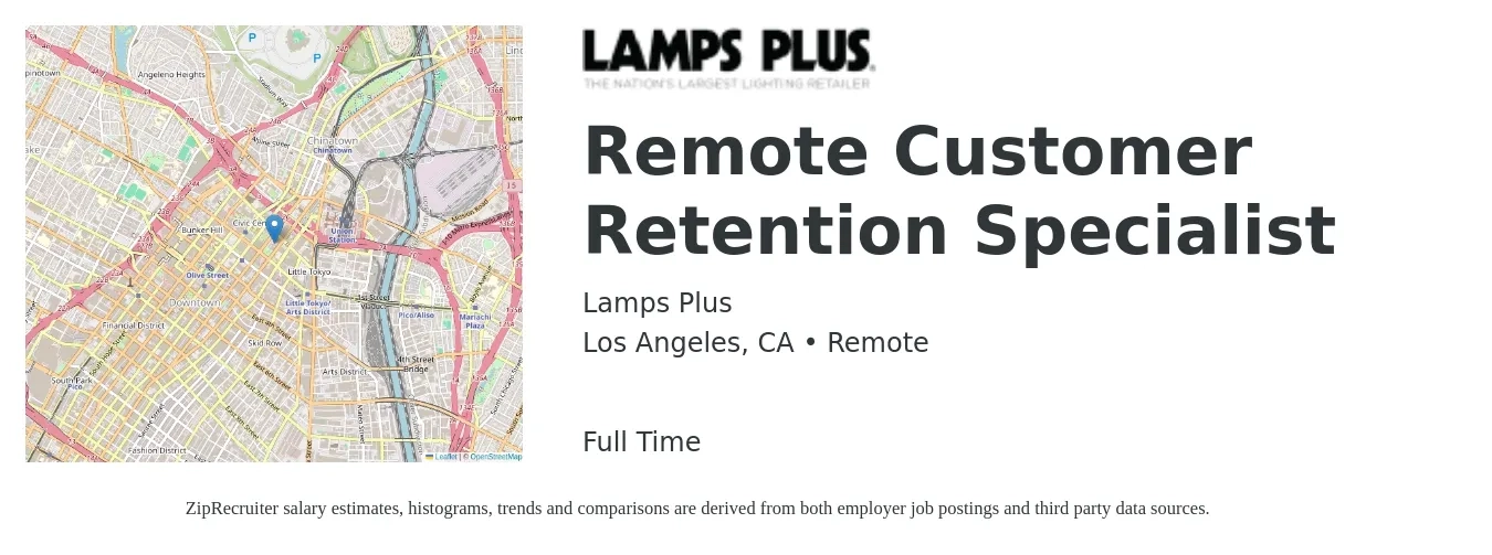 Lamps Plus job posting for a Remote Customer Retention Specialist in Los Angeles, CA with a salary of $14 to $20 Hourly with a map of Los Angeles location.