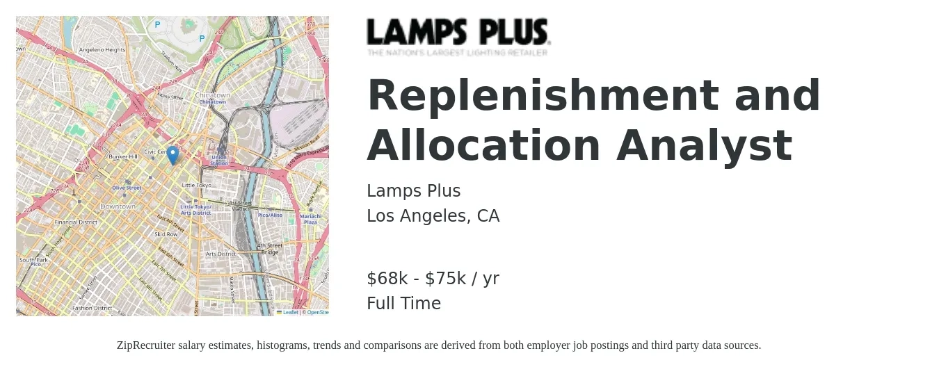 Lamps Plus job posting for a Replenishment and Allocation Analyst in Los Angeles, CA with a salary of $68,000 to $75,000 Yearly with a map of Los Angeles location.