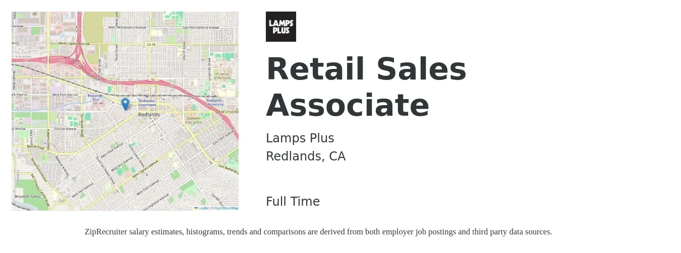 Lamps Plus job posting for a Retail Sales Associate in Redlands, CA with a salary of $16 to $18 Hourly with a map of Redlands location.