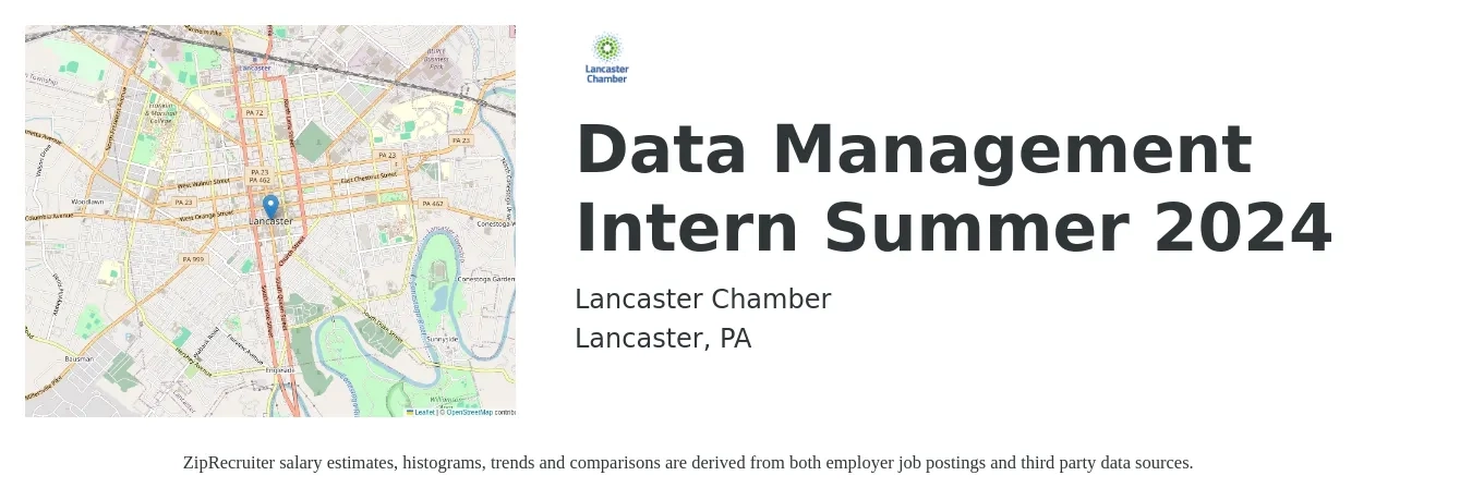 Lancaster Chamber job posting for a Data Management Intern Summer 2024 in Lancaster, PA with a salary of $15 Hourly with a map of Lancaster location.
