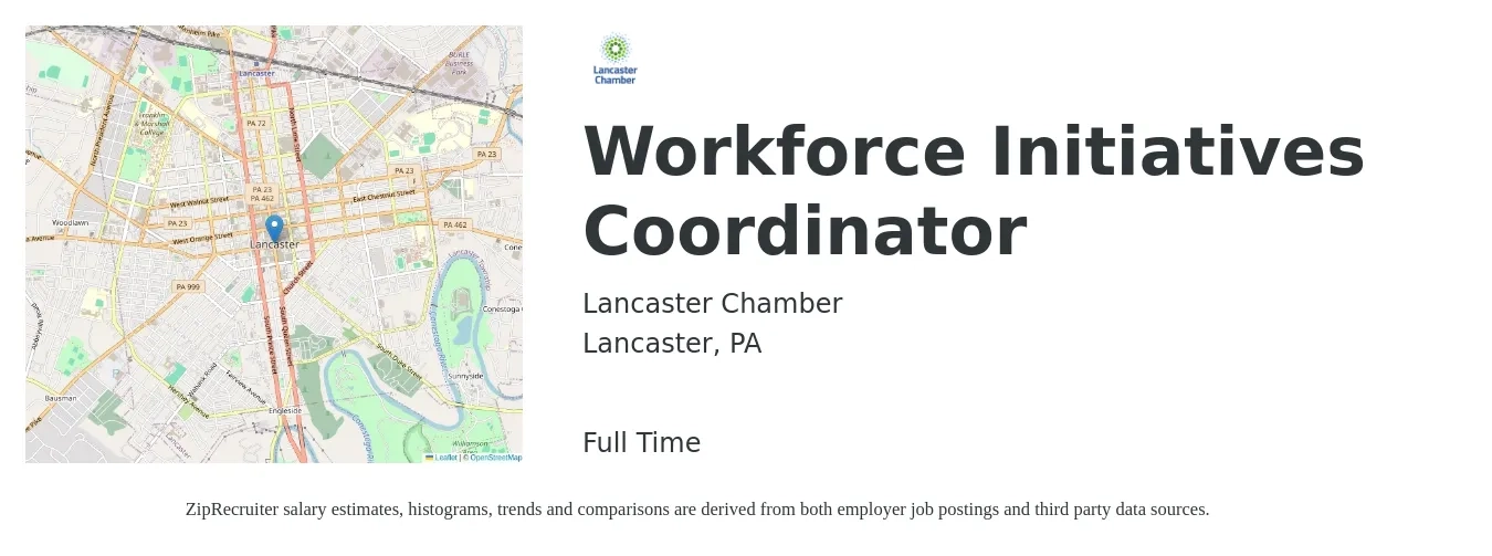 Lancaster Chamber job posting for a Workforce Initiatives Coordinator in Lancaster, PA with a salary of $40,000 Yearly with a map of Lancaster location.