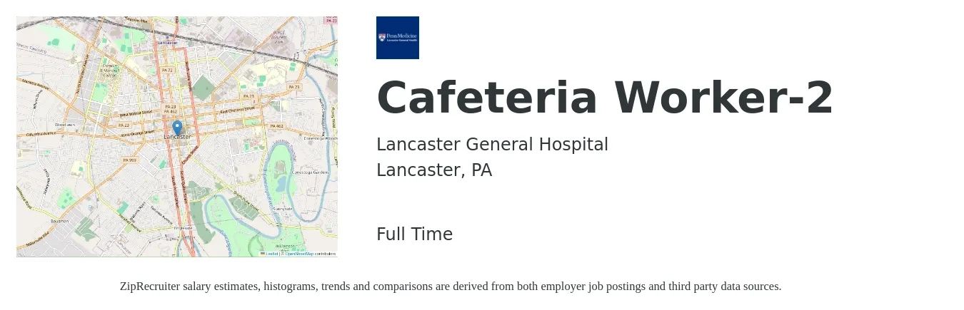 Lancaster General Hospital job posting for a Cafeteria Worker-2 in Lancaster, PA with a salary of $13 to $16 Hourly with a map of Lancaster location.