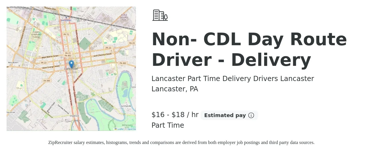 Lancaster Part Time Delivery Drivers Lancaster job posting for a Non- CDL Day Route Driver - Delivery in Lancaster, PA with a salary of $17 to $19 Hourly with a map of Lancaster location.