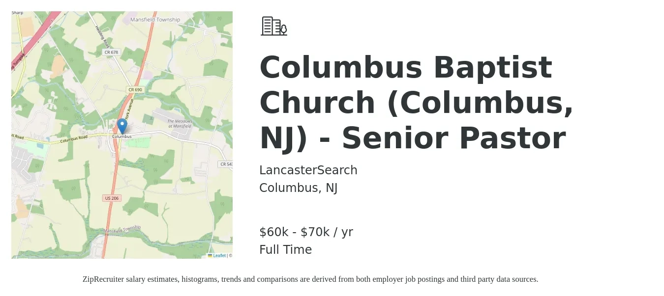 LancasterSearch job posting for a Columbus Baptist Church (Columbus, NJ) - Senior Pastor in Columbus, NJ with a salary of $60,000 to $70,000 Yearly with a map of Columbus location.