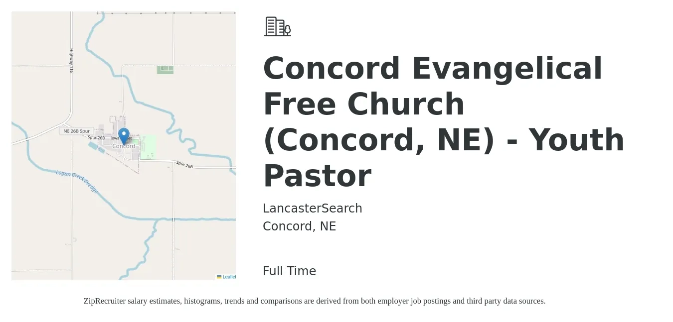 LancasterSearch job posting for a Concord Evangelical Free Church (Concord, NE) - Youth Pastor in Concord, NE with a salary of $38,400 to $53,500 Yearly with a map of Concord location.