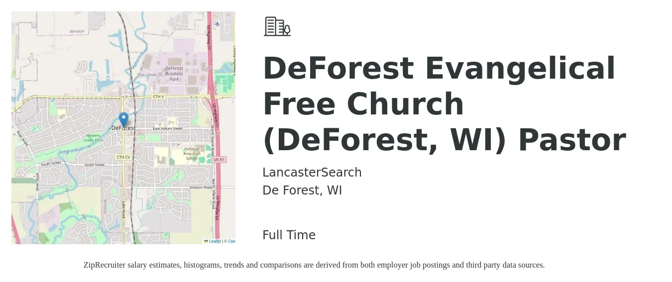 LancasterSearch job posting for a DeForest Evangelical Free Church (DeForest, WI) Pastor in De Forest, WI with a salary of $38,700 to $59,400 Yearly with a map of De Forest location.