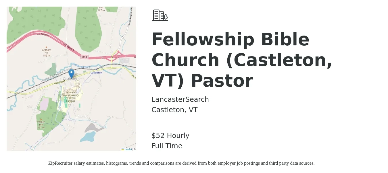 LancasterSearch job posting for a Fellowship Bible Church (Castleton, VT) Pastor in Castleton, VT with a salary of $55 Hourly with a map of Castleton location.