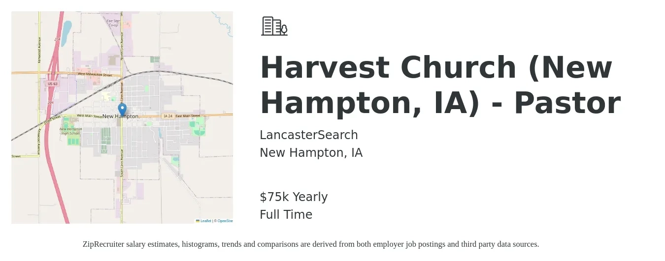 LancasterSearch job posting for a Harvest Church (New Hampton, IA) - Pastor in New Hampton, IA with a salary of $75,000 Yearly with a map of New Hampton location.