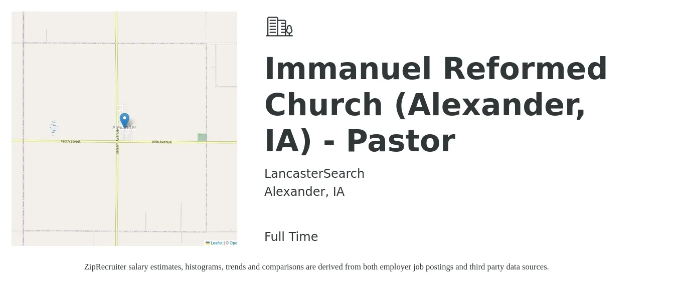 LancasterSearch job posting for a Immanuel Reformed Church (Alexander, IA) - Pastor in Alexander, IA with a salary of $39,500 to $53,600 Yearly with a map of Alexander location.