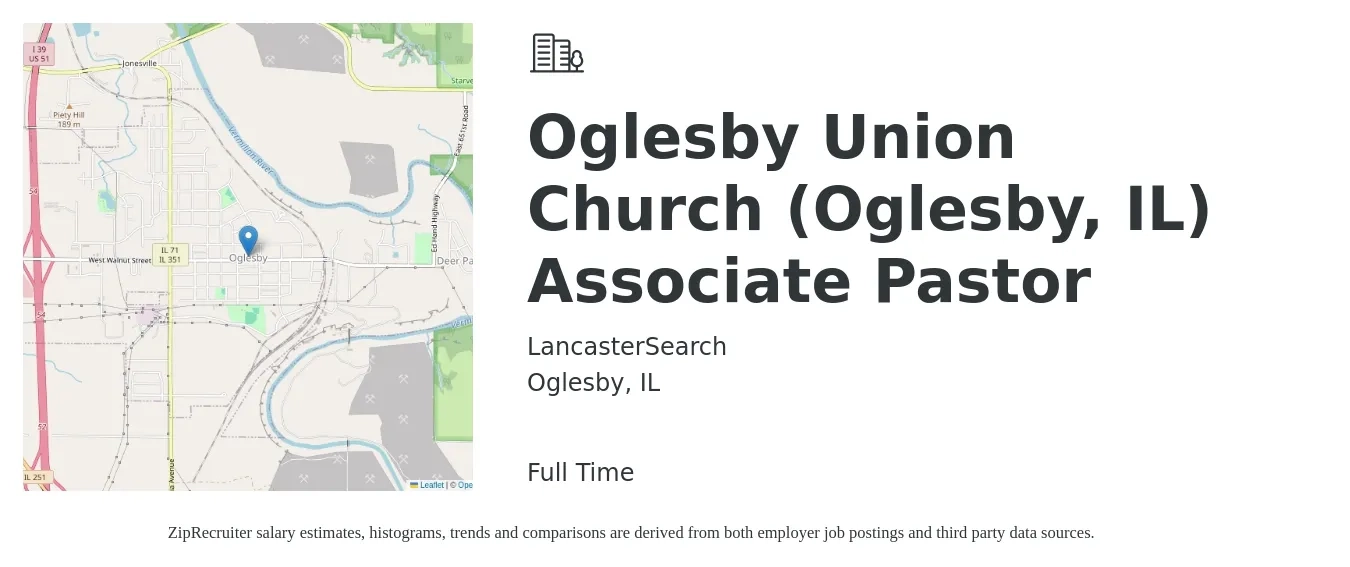 LancasterSearch job posting for a Oglesby Union Church (Oglesby, IL) Associate Pastor in Oglesby, IL with a salary of $38,700 to $57,300 Yearly with a map of Oglesby location.