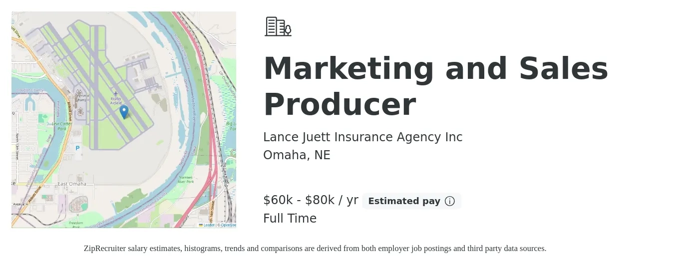 Lance Juett Insurance Agency Inc job posting for a Marketing and Sales Producer in Omaha, NE with a salary of $60,000 to $80,000 Yearly with a map of Omaha location.