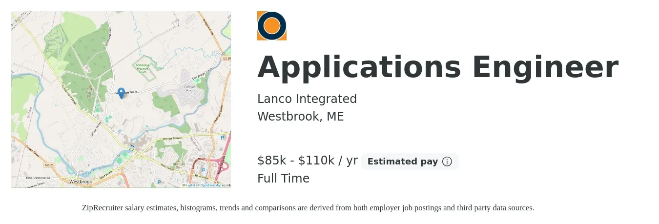 Lanco Integrated job posting for a Applications Engineer in Westbrook, ME with a salary of $85,000 to $110,000 Yearly with a map of Westbrook location.
