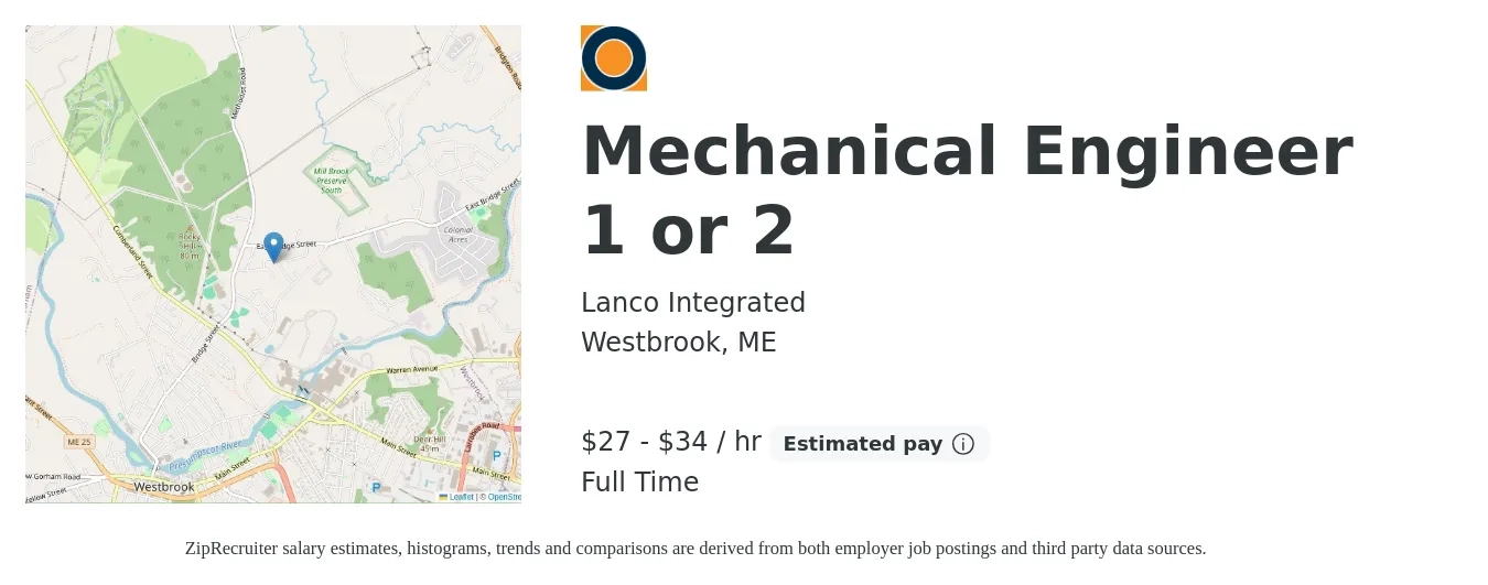 Lanco Integrated job posting for a Mechanical Engineer 1 or 2 in Westbrook, ME with a salary of $29 to $36 Hourly with a map of Westbrook location.
