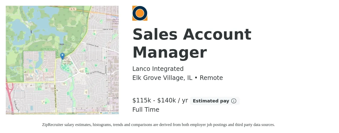 Lanco Integrated job posting for a Sales Account Manager in Elk Grove Village, IL with a salary of $115,000 to $140,000 Yearly with a map of Elk Grove Village location.