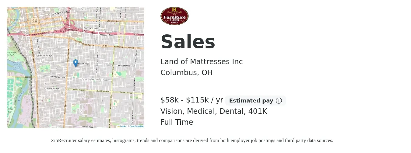 Land of Mattresses Inc job posting for a Sales in Columbus, OH with a salary of $58,000 to $115,000 Yearly and benefits including medical, vision, 401k, and dental with a map of Columbus location.