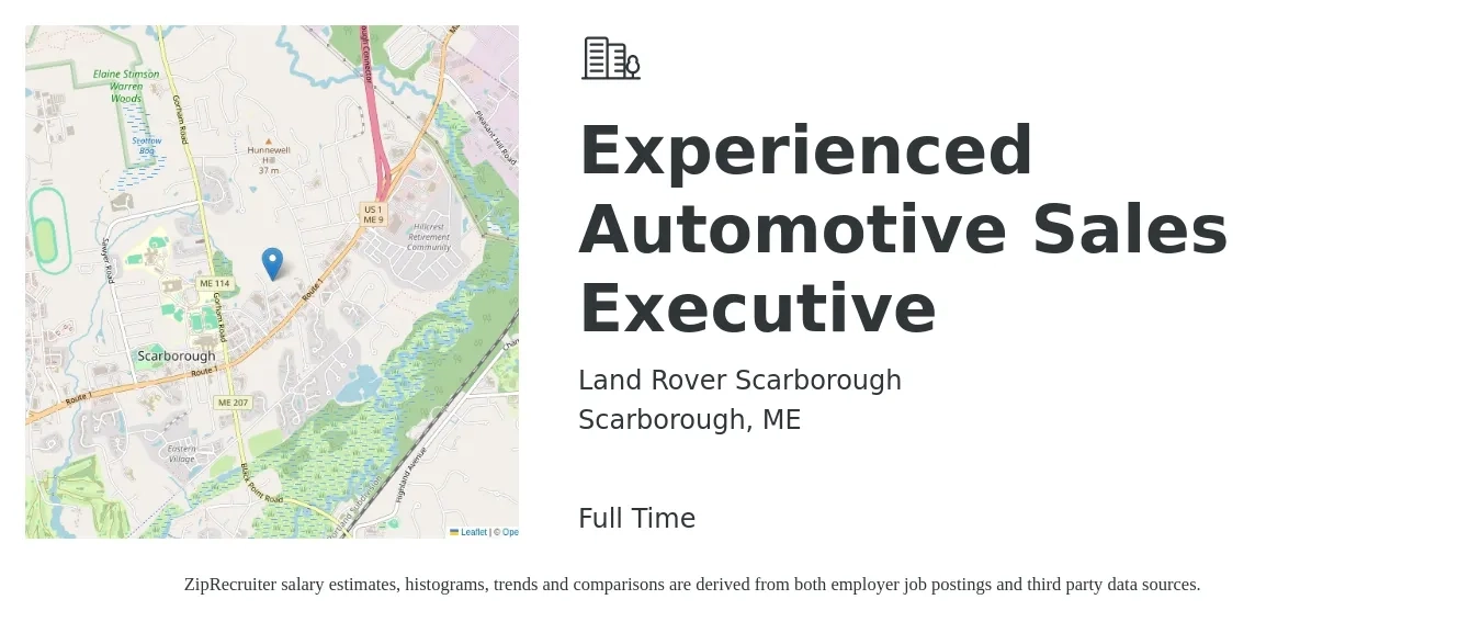 Land Rover Scarborough job posting for a Experienced Automotive Sales Executive in Scarborough, ME with a map of Scarborough location.