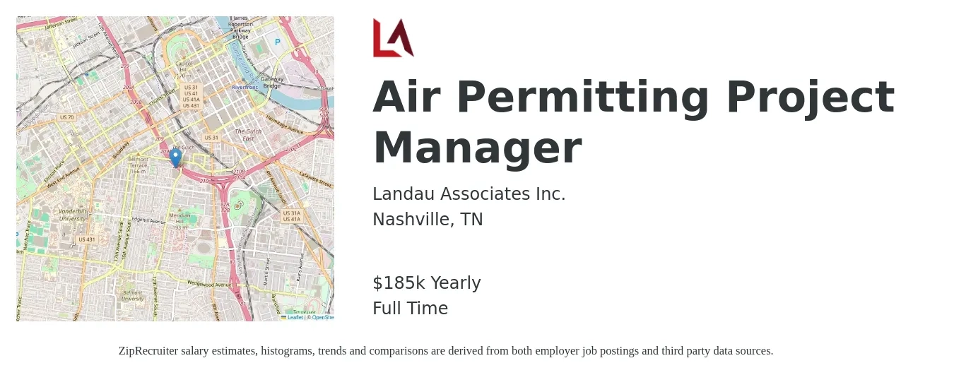 Landau Associates Inc. job posting for a Air Permitting Project Manager in Nashville, TN with a salary of $185,000 Yearly with a map of Nashville location.