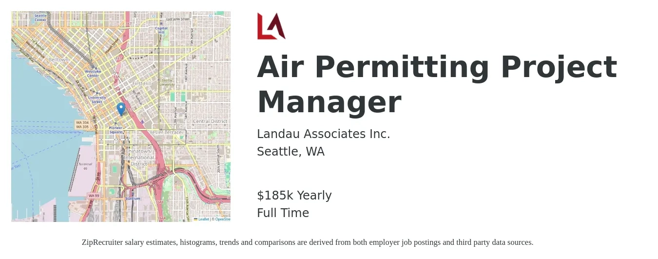 Landau Associates Inc. job posting for a Air Permitting Project Manager in Seattle, WA with a salary of $185,000 Yearly with a map of Seattle location.