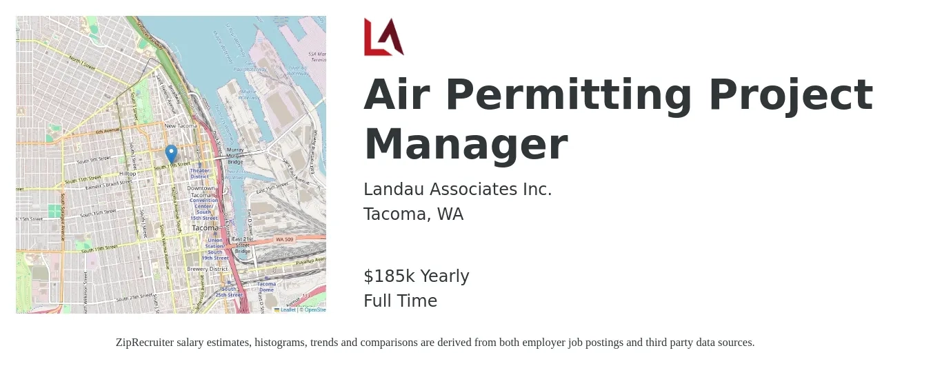 Landau Associates Inc. job posting for a Air Permitting Project Manager in Tacoma, WA with a salary of $185,000 Yearly with a map of Tacoma location.