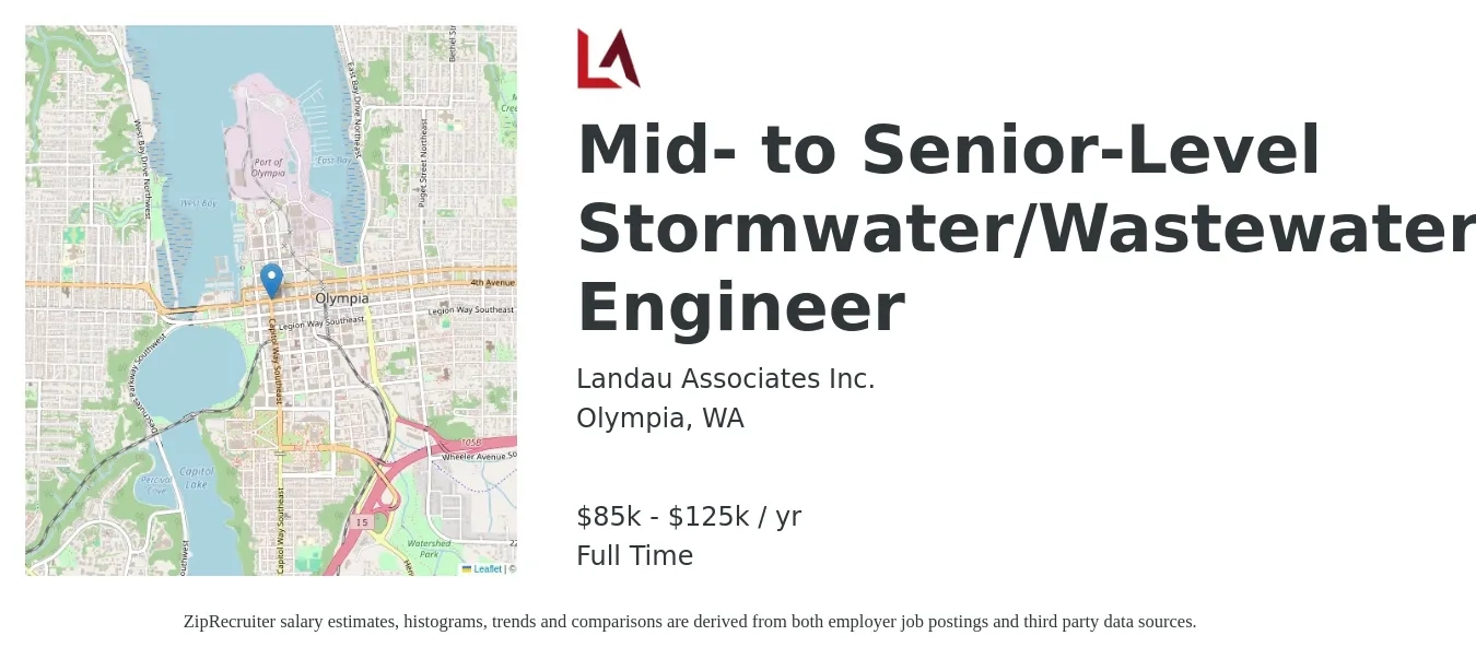 Landau Associates Inc. job posting for a Mid- to Senior-Level Stormwater/Wastewater Engineer in Olympia, WA with a salary of $85,000 to $125,000 Yearly with a map of Olympia location.
