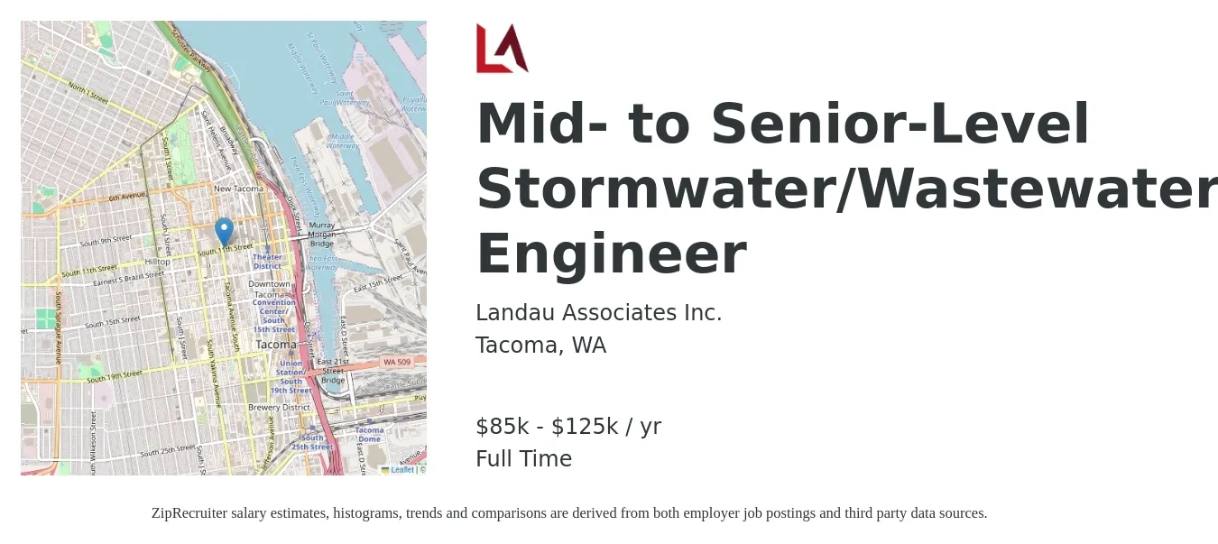 Landau Associates Inc. job posting for a Mid- to Senior-Level Stormwater/Wastewater Engineer in Tacoma, WA with a salary of $85,000 to $125,000 Yearly with a map of Tacoma location.