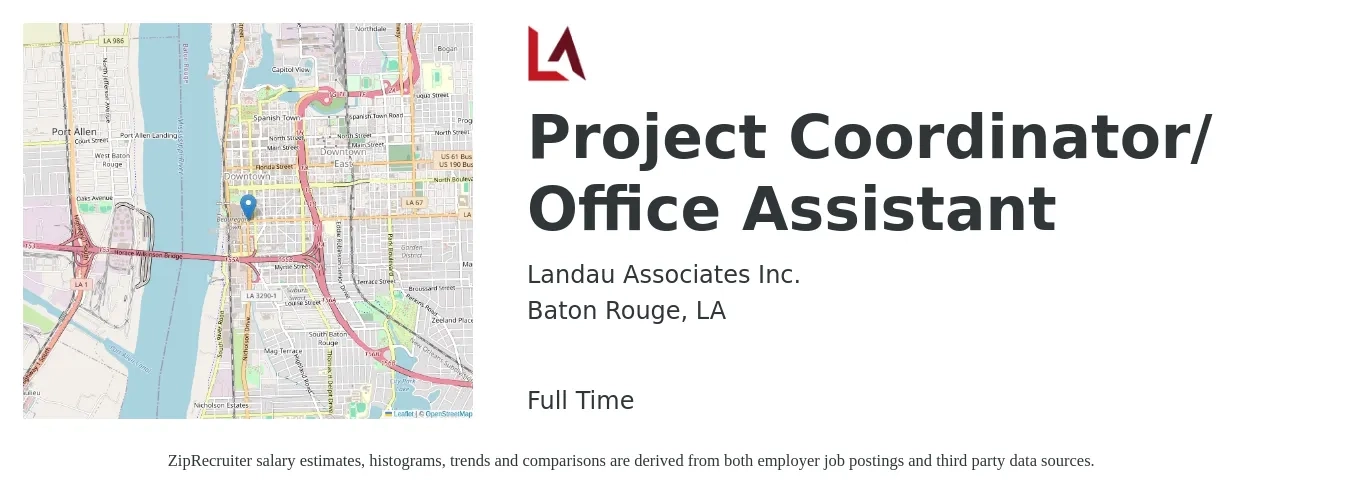 Landau Associates Inc. job posting for a Project Coordinator in Baton Rouge, LA with a salary of $22 to $33 Hourly with a map of Baton Rouge location.