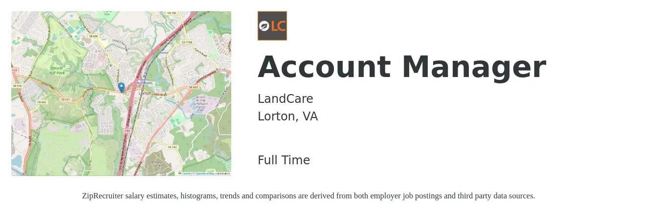 LandCare job posting for a Account Manager in Lorton, VA with a salary of $48,500 to $79,400 Yearly with a map of Lorton location.