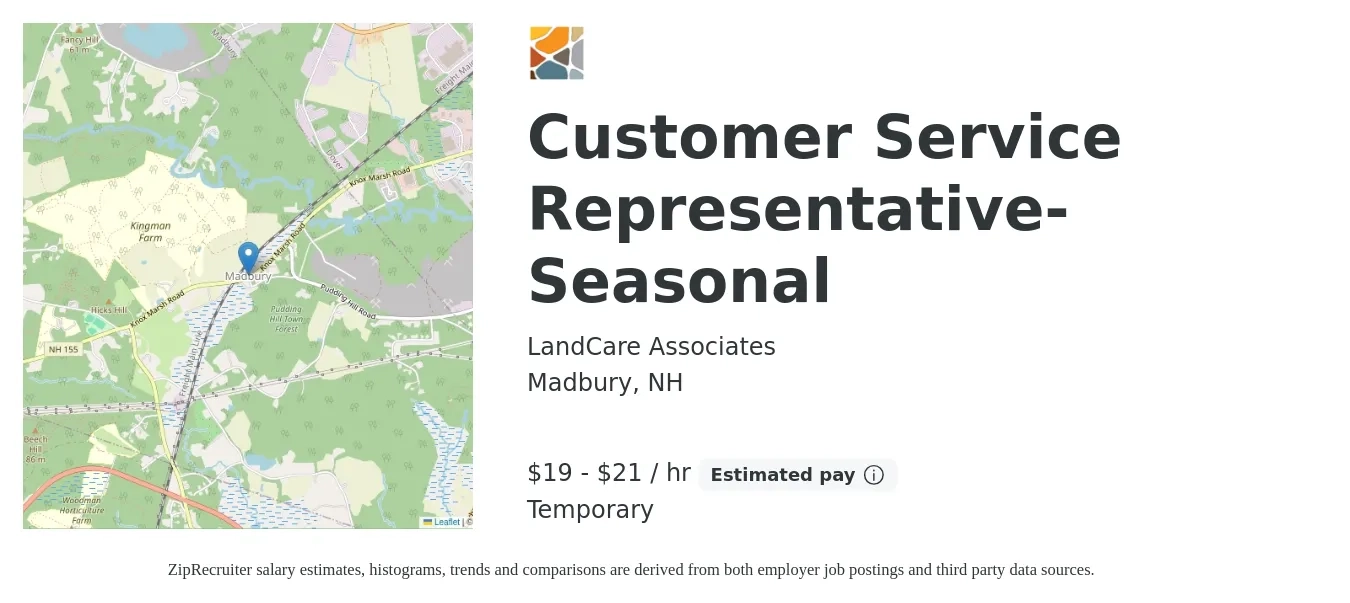 LandCare Associates job posting for a Customer Service Representative- Seasonal in Madbury, NH with a salary of $20 to $22 Hourly with a map of Madbury location.