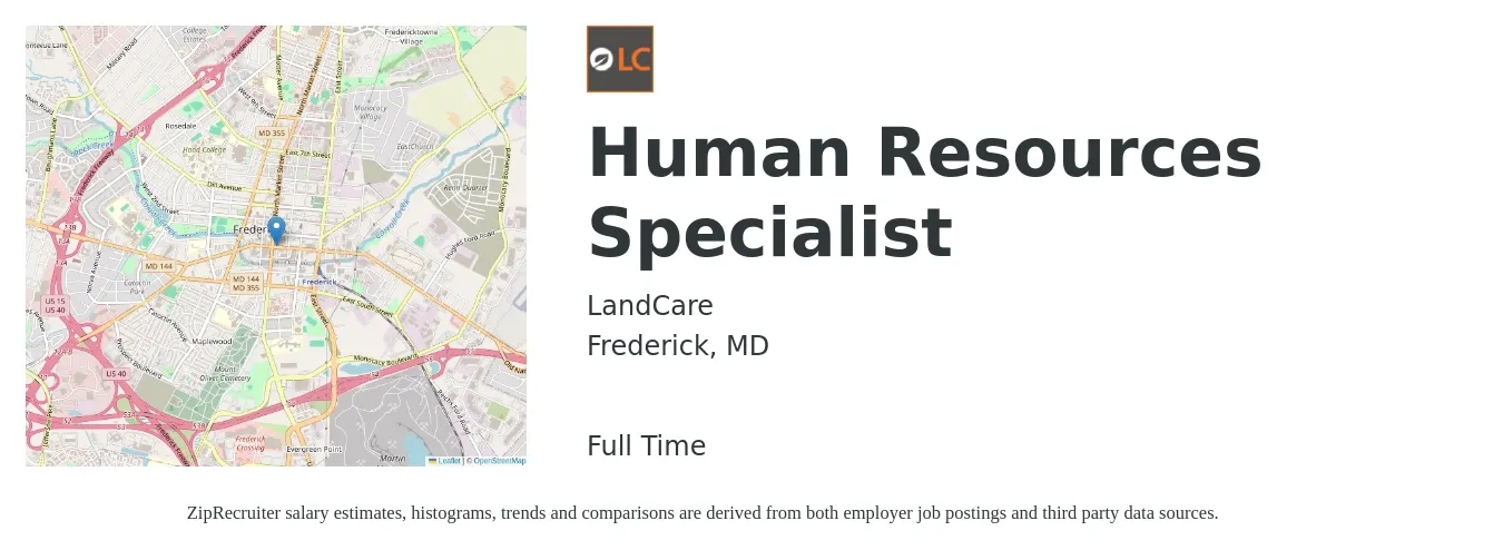 LandCare job posting for a Human Resources Specialist in Frederick, MD with a salary of $46,700 to $97,900 Yearly with a map of Frederick location.