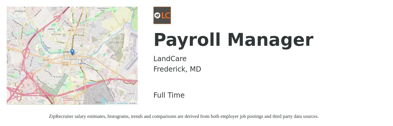LandCare job posting for a Payroll Manager in Frederick, MD with a salary of $66,000 to $96,700 Yearly with a map of Frederick location.