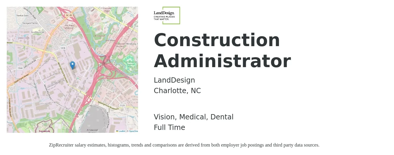 LandDesign, Inc. job posting for a Construction Administrator in Charlotte, NC with a salary of $49,800 to $77,200 Yearly and benefits including dental, life_insurance, medical, pto, retirement, and vision with a map of Charlotte location.