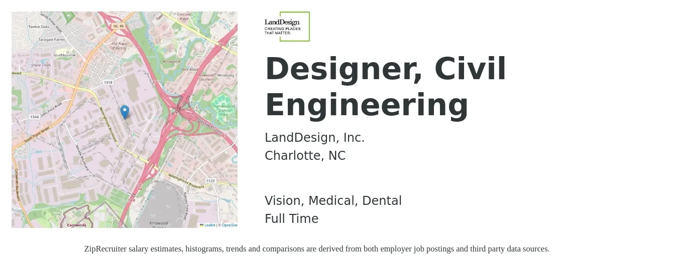 LandDesign, Inc. job posting for a Designer, Civil Engineering in Charlotte, NC with a salary of $65,900 to $91,800 Yearly and benefits including life_insurance, medical, pto, retirement, vision, and dental with a map of Charlotte location.