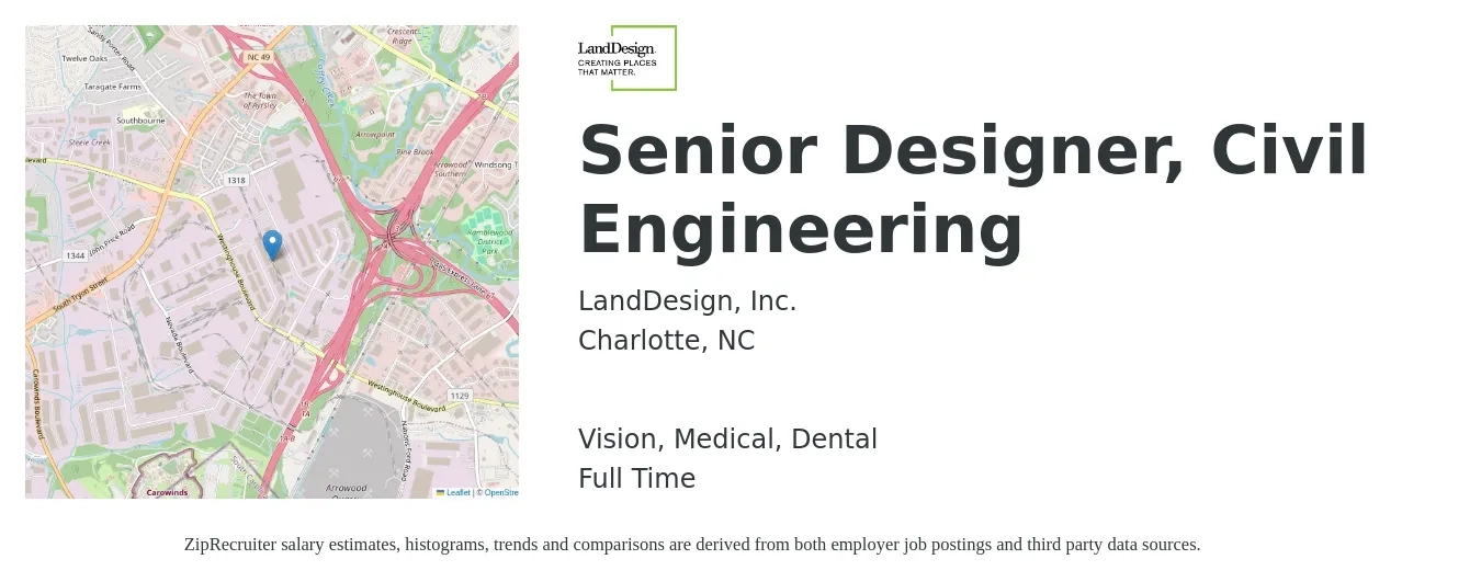 LandDesign, Inc. job posting for a Senior Designer, Civil Engineering in Charlotte, NC with a salary of $65,900 to $91,800 Yearly and benefits including dental, life_insurance, medical, pto, retirement, and vision with a map of Charlotte location.